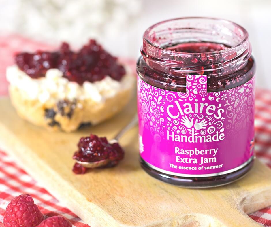 Claires Handmade Raspberry Extra Jam and scone